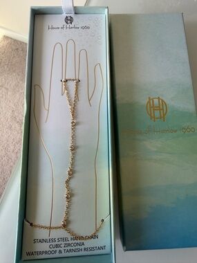House of Harlow 1960 Gold Cubic Zirconia Hand Chain Bracelet waterproof